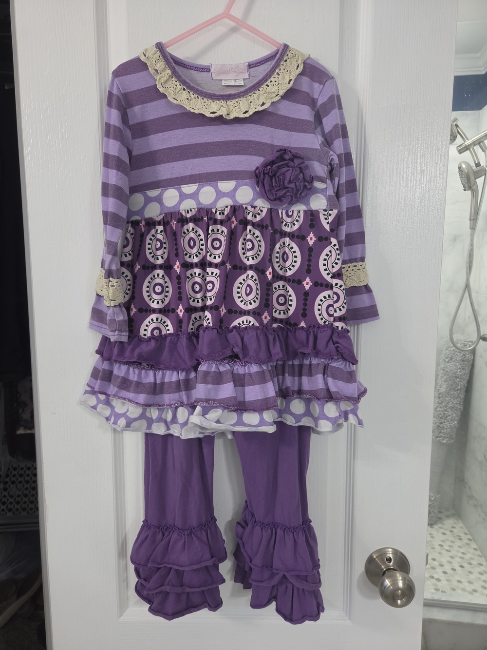 Girls Purple Layered Tunic Set with Ruffle Pants